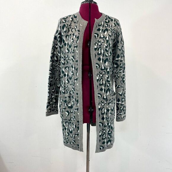 Cynthia Rowley Gray Leopard Knit Acrylic Alpaca Blend Open Long Line Cardigan S - Picture 1 of 9